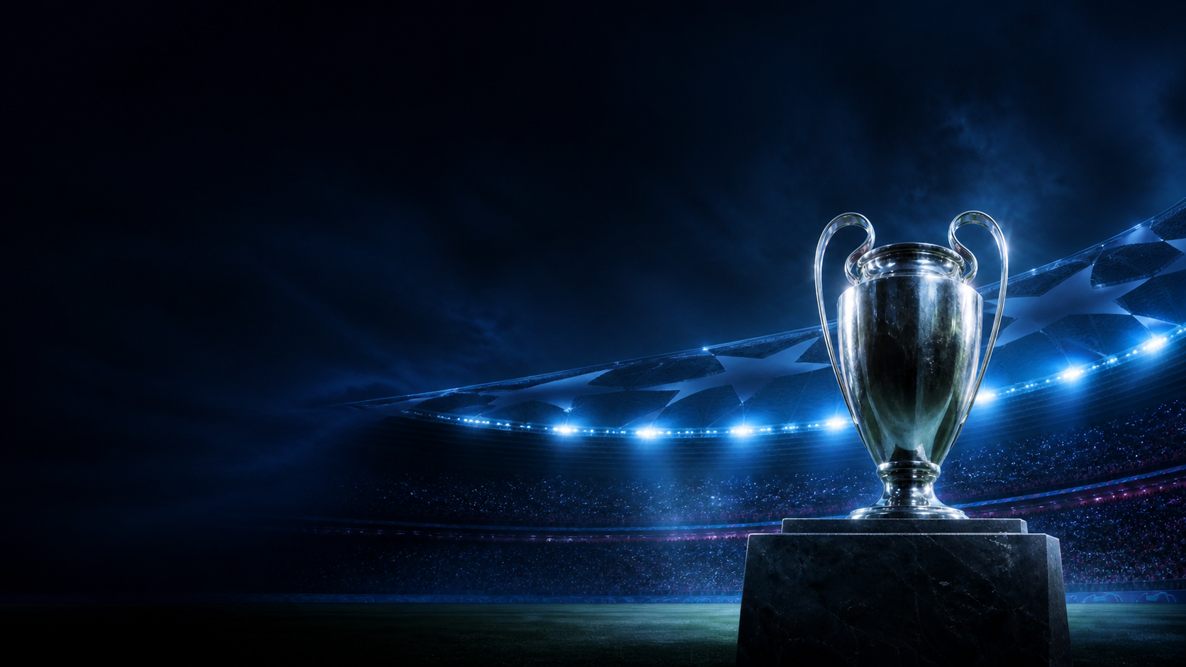 Champions League trophy under the floodlights